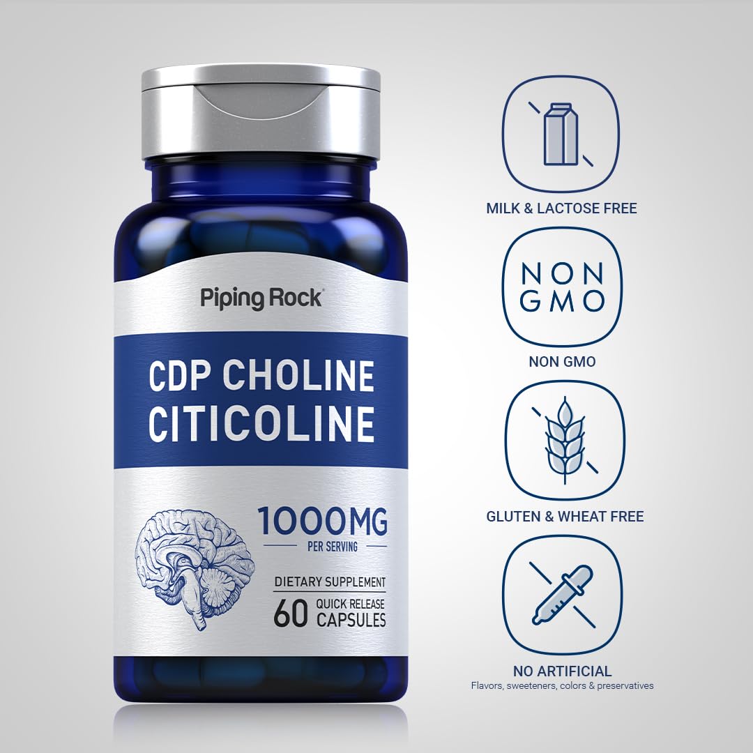 Piping Rock CDP Choline Citicoline 1000mg | 60 Quick Release Capsules | for Men and Women | Non-GMO, Gluten Free Dietary Supplement