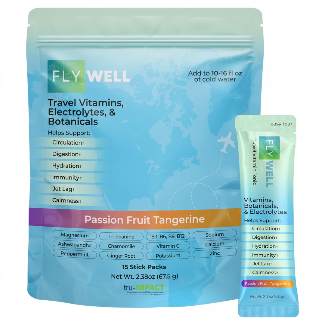 FlyWell Travel Vitamin Tonic for Flight, Jet Lag, Hydration, Circulation, Digestion & Immune Support, Promotes Calmness, Electrolyte Powder, Travel Essentials, Passion Fruit Tangerine, 15 Sticks