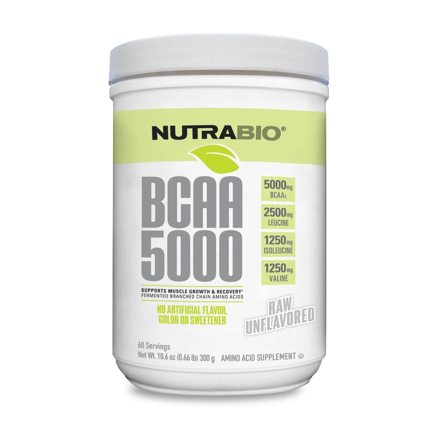 NutraBio BCAA 5000 Powder - Fermented Branched Chain Amino Acids for Muscle Growth & Recovery - Natural Flavors, Sweeteners, and Coloring, Vegan, Gluten Free - Unflavored, 60 Servings