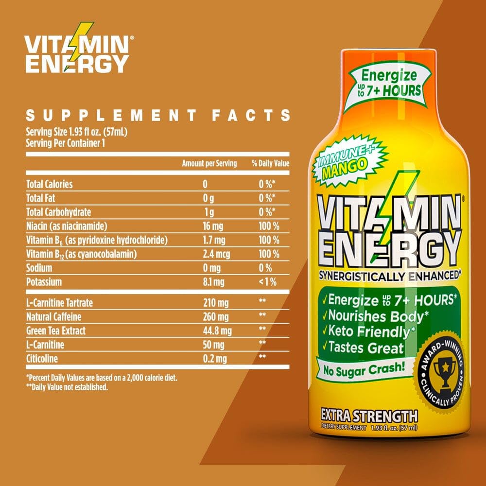 Vitamin Energy Immune+ Extra Strength Energy Shot - Mango - 100% DV B-Vitamins & 260mg Caffeine - Zero Calories, Sugar-Free, Vegan, Non-GMO - Immunity & Energy Support - 1.93 fl oz, 12-Pack