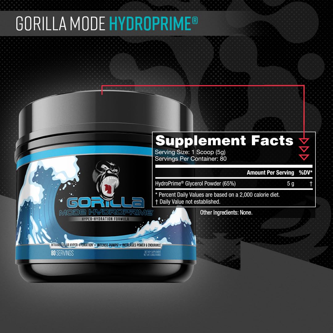 Gorilla Mind Hydroprime® Glycerol Pre-Workout - Hydrating Pre-Workout Formula for Intense Pumps · Intramuscular Hyper-Hydration · Increased Power & Endurance/Mixes Flawlessly - 400g