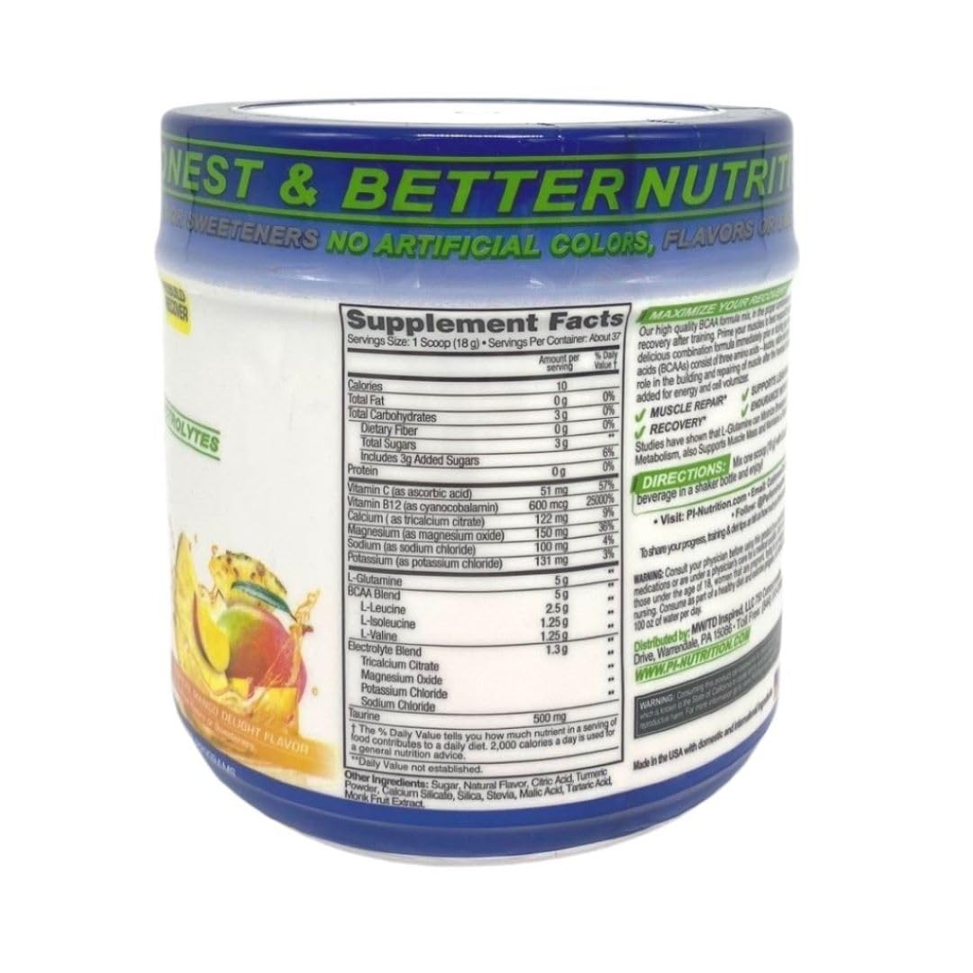 PERFORMANCE INSPIRED Nutrition BCAA Powder - 5G BCAA with Electrolytes, Taurine & Glutamine - All-Natural Recovery & Clean Formula - Tropical Mango Delight - 1.46 lb
