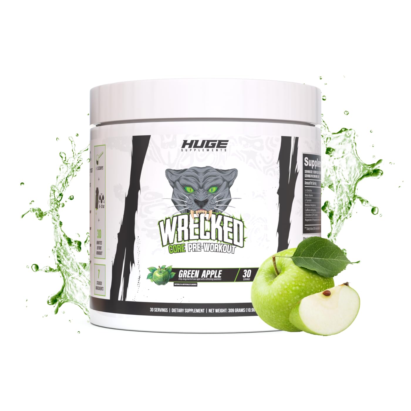 Wrecked Core - All-in-One Pre-Workout Supplement for Men & Women, Increase Energy, Focus & Pumps with L-Citrulline, Beta-Alanine, L-Tyrosine & More (30 Servings) - Green Apple