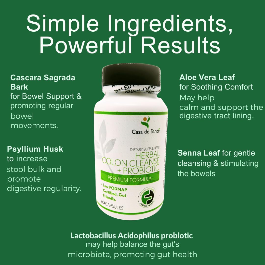 Casa de Sante Low FODMAP Herbal Laxative Capsules GLP1 Support Natural Gentle Laxative Pills to Cleanse Colon & Support Digestive System with Probiotics, Psyllium Husk, Senna Leaf & Cascara Sagrada