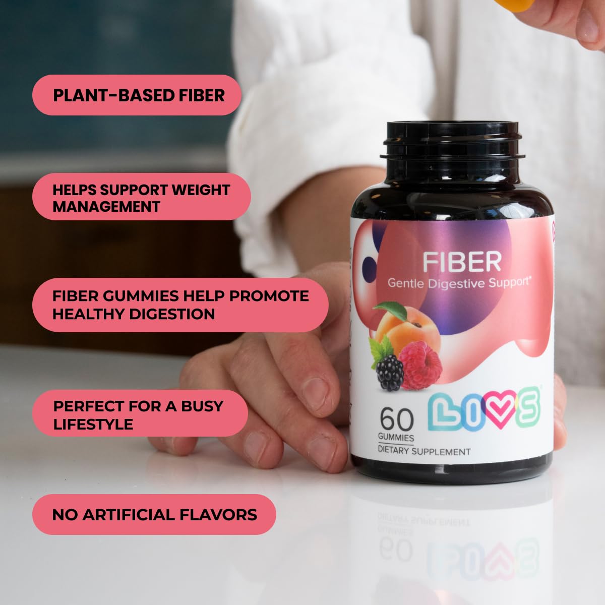 LIVS Fiber Gummy Vitamin - Fiber Gummies, for Adults, Gut Health, Digestive Support, Supplements, All-Natural, Gluten-Free, Non-GMO - Raspberry, Peach & BlackBerry Flavored, 60 Count