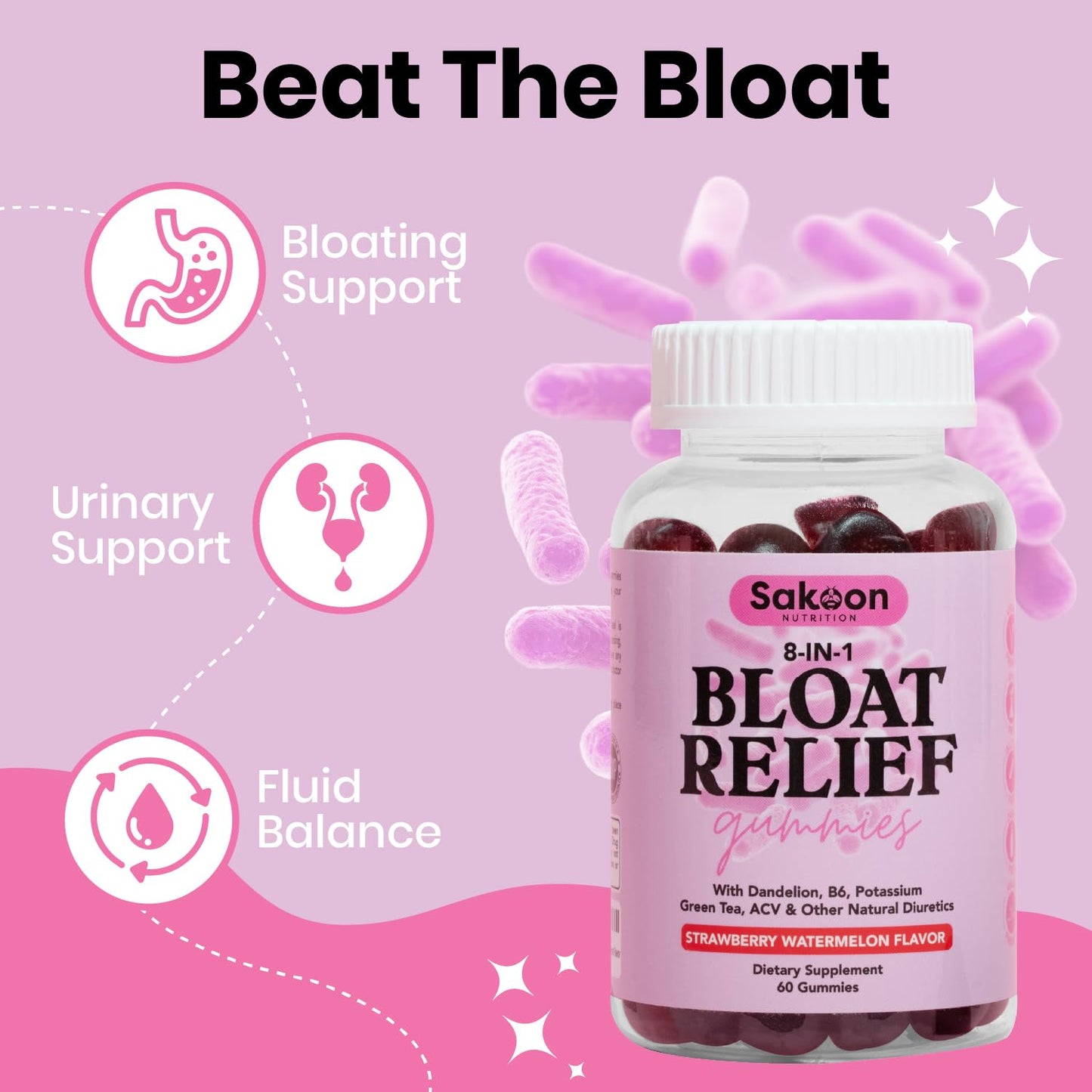 Sakoon nutrition Bloating Relief Gummies for Women - Green Tea, ACV, Dandelion, Buchu Leaf, Natural Digestion Support, 60 Gummies, Watermelon Flavor