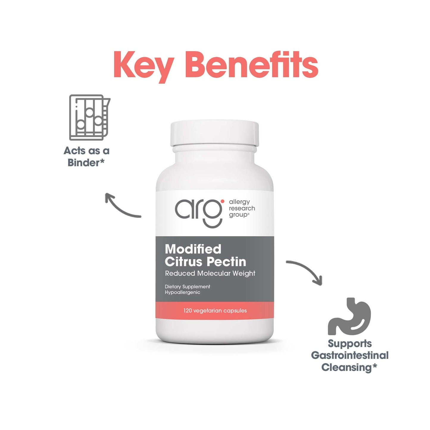 Allergy Research Group Modified Citrus Pectis Dietary Supplement - Cleansing, Low Molecular Weight, Hypoallergenic, Vegetarian Capsules, Gluten Free - 120 Count