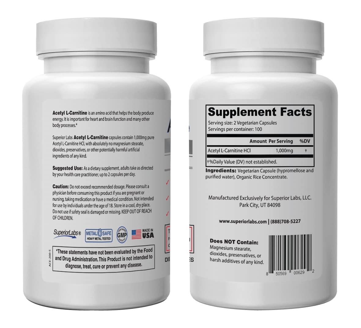 Superior Labs | Acetyl L-Carnitine 1000mg | 200 caps | Maximum Absorption | Pure Vegetable Capsules | Zero Synthetic Additives | Superior Absorption