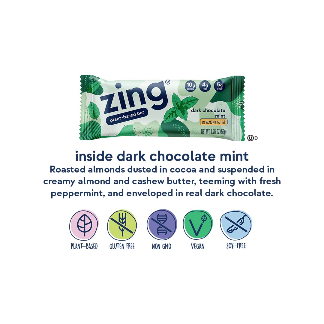 Zing Dark Chocolate Mint Vegan Protein Bars, Gluten Free with High Protein, High Fiber, Dairy Free Nutrition Bars, Plant Based Protein, Kosher, Low Sugar, No Sugar Alcohols - 12 count
