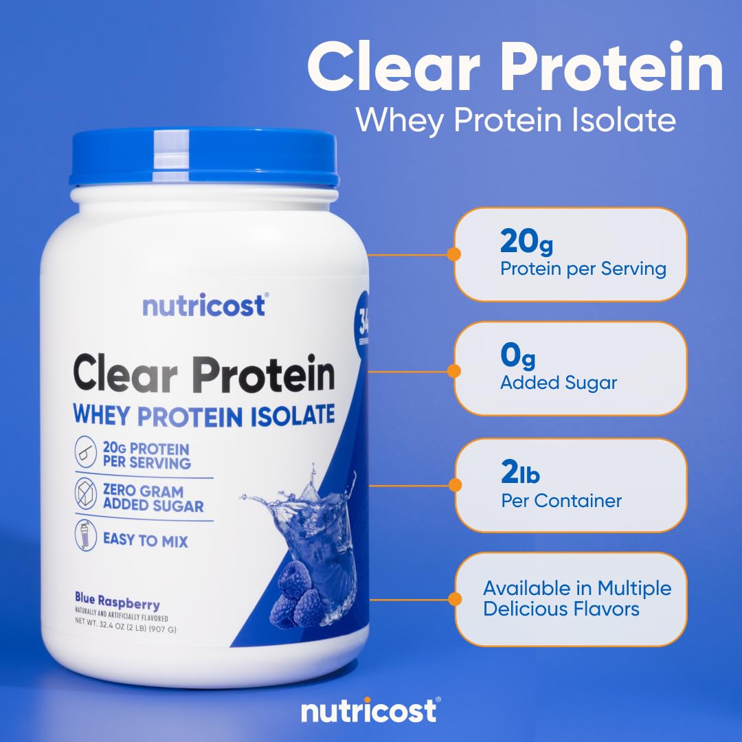 Nutricost Clear Whey Protein Isolate 2 LBS (Blue Raspberry Flavored) - 20G Protein Per Serving, GMO-Free, Gluten-Free