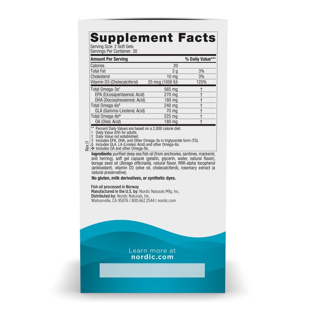 Nordic Naturals Complete Omega-D3, Lemon Flavor - 60 Soft Gels - 565 mg Omega-3 + 70 mg GLA + 1000 IU Vitamin D3 - EPA & DHA - Healthy Skin, Cognition, & Positive Mood - Non-GMO - 30 Servings