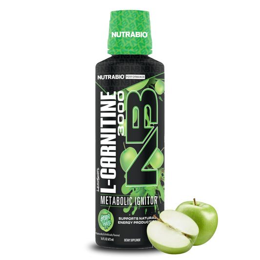 NutraBio - L-Carnitine Liquid Shots - 3000mg, (Green Apple) - 10mg of Vitamin B-5 - Zero Carbs & Sugars - Energy Production - Muscle Recovery