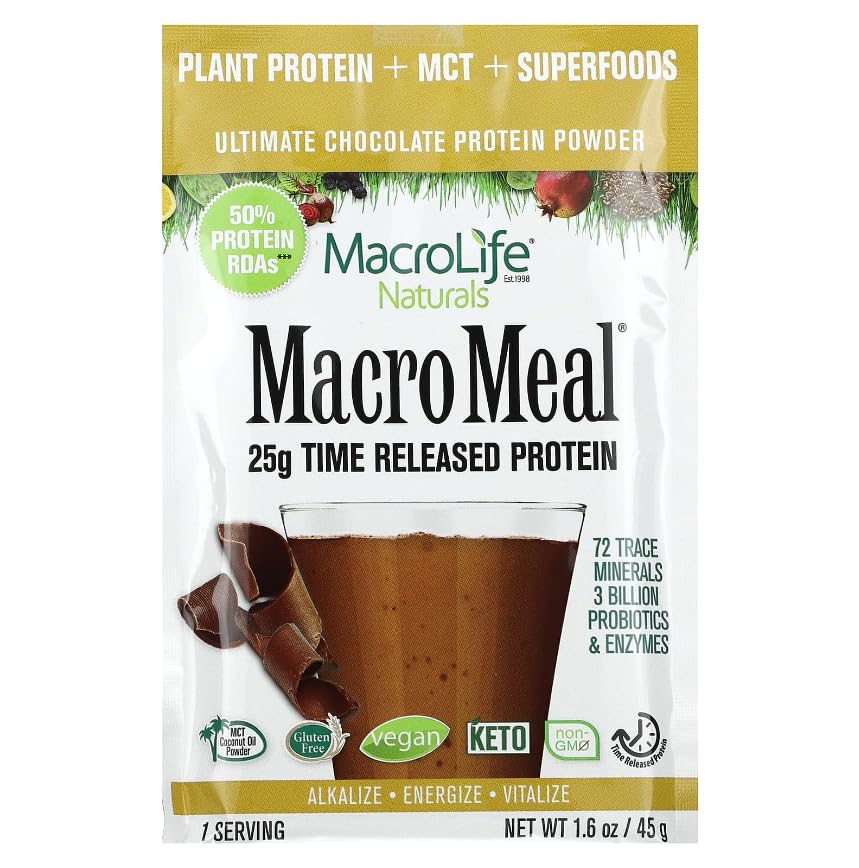 MacroLife Naturals MacroMeal Vegan Chocolate Superfood Supplement Powder Protein + Greens, Probiotics, Digestive Enzymes, Fiber - Energy, Detox, Immune - Non-GMO, Gluten-Free - 10 Packet Servings
