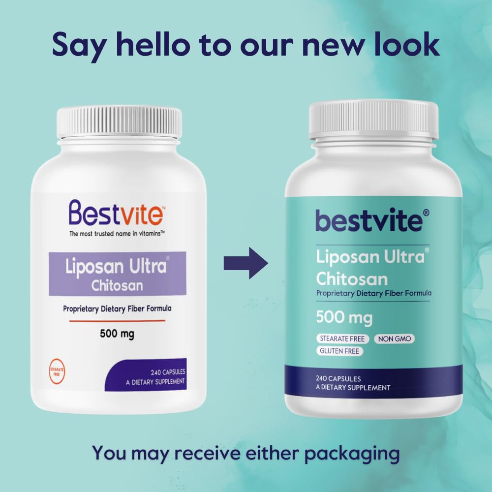 BESTVITE Liposan Ultra Chitosan 500mg (480 Capsules) (240 x 2) - Patented Faster Acting Than Regular Chitosan - No Stearates - No Fillers