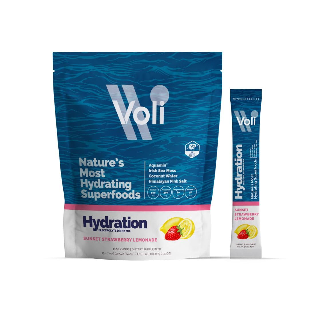 Voli Hydration Drink Mix, Sunset Strawberry - Superfood Electrolyte Powder with Irish Sea Moss, Aquamin Magnesium, Coconut Water & Himalayan Pink Salt - Low Calorie - 15 Servings (1 Pack)