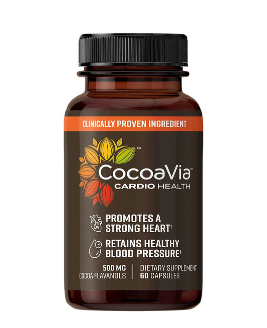 CocoaVia Cardio Health Supplement, 30 Day, 500mg Cocoa Flavanols, Support Heart Health, Boost Nitric Oxide, Blood Circulation, Energy, Vegan, Dark Chocolate, 60 Capsules