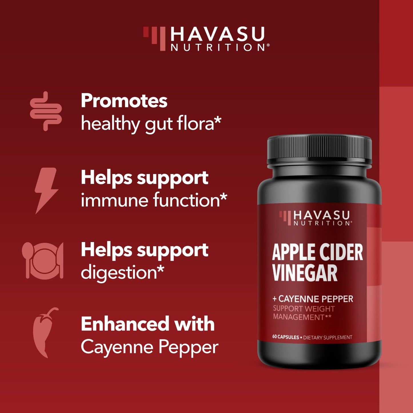 Apple Cider Vinegar Capsules with Cayenne Pepper for Digestive Health Support - 500mg ACV and 20mg Capsicum Annuum - Easy-to-Take, Unflavored Pills - 60 Count - Vegan, Non-GMO - 2 Month Supply