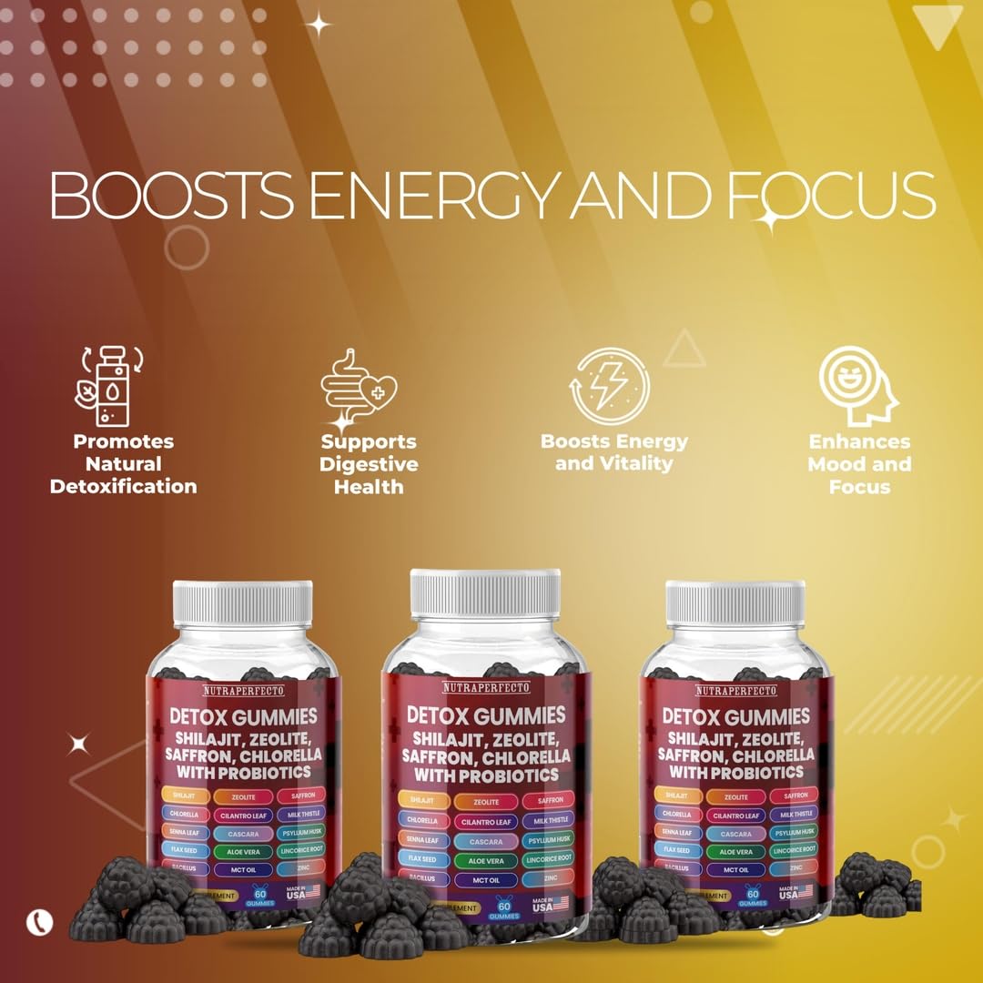 Sugar Free Zeolite Detox Gummies Shilajit Saffron Probiotics Chlorella Psyllium Husk Saffron Senna Leaf Magnesium Citrate Zinc Milk Thistle Heavy Metal Kids Adults Energy and Focus
