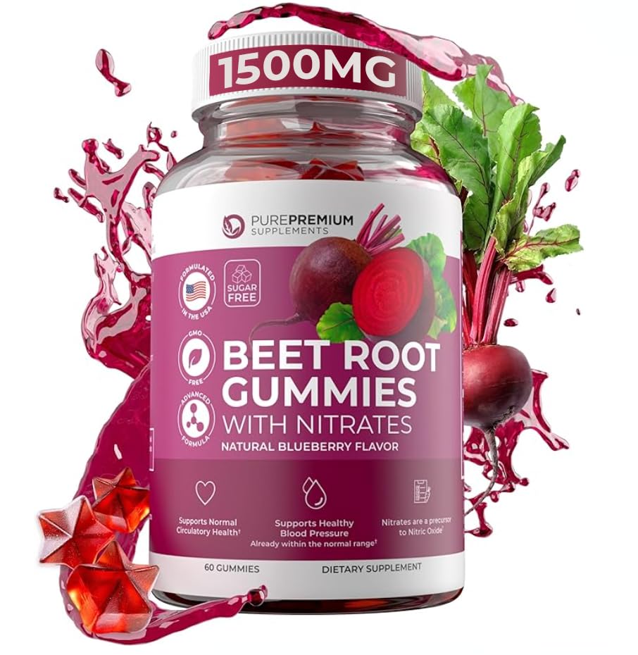 PurePremium Beet Root Gummies - 60 Sugar Free Chews (50:1 Equivalent 1500 mg) - Super Nitric Oxide Beetroot Gummies with Natural Blueberry Flavor - Supplements for Normal Blood Pressure