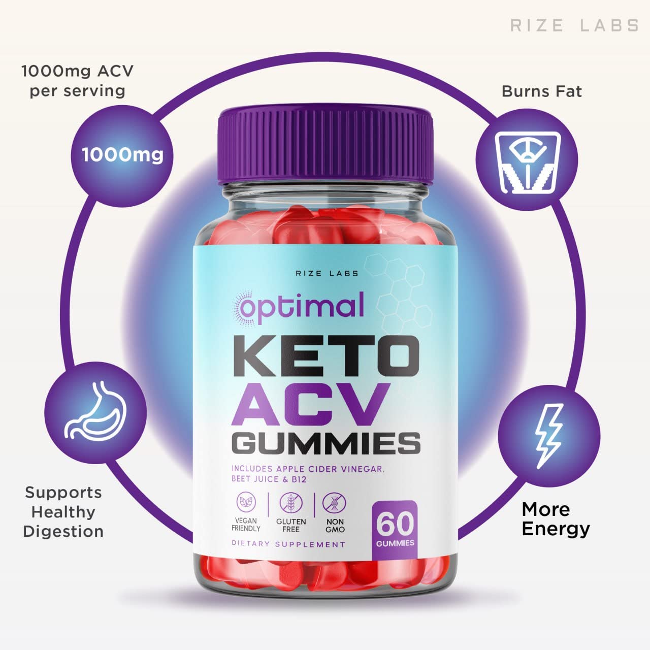 rize labs - Optimal Keto ACV Gummies with Apple Cider Vinegar, Advanced Weight Loss Formula, Gluten Free and Non-GMO Supplement, Helps in Reducing Belly Fat (180 Gummies)