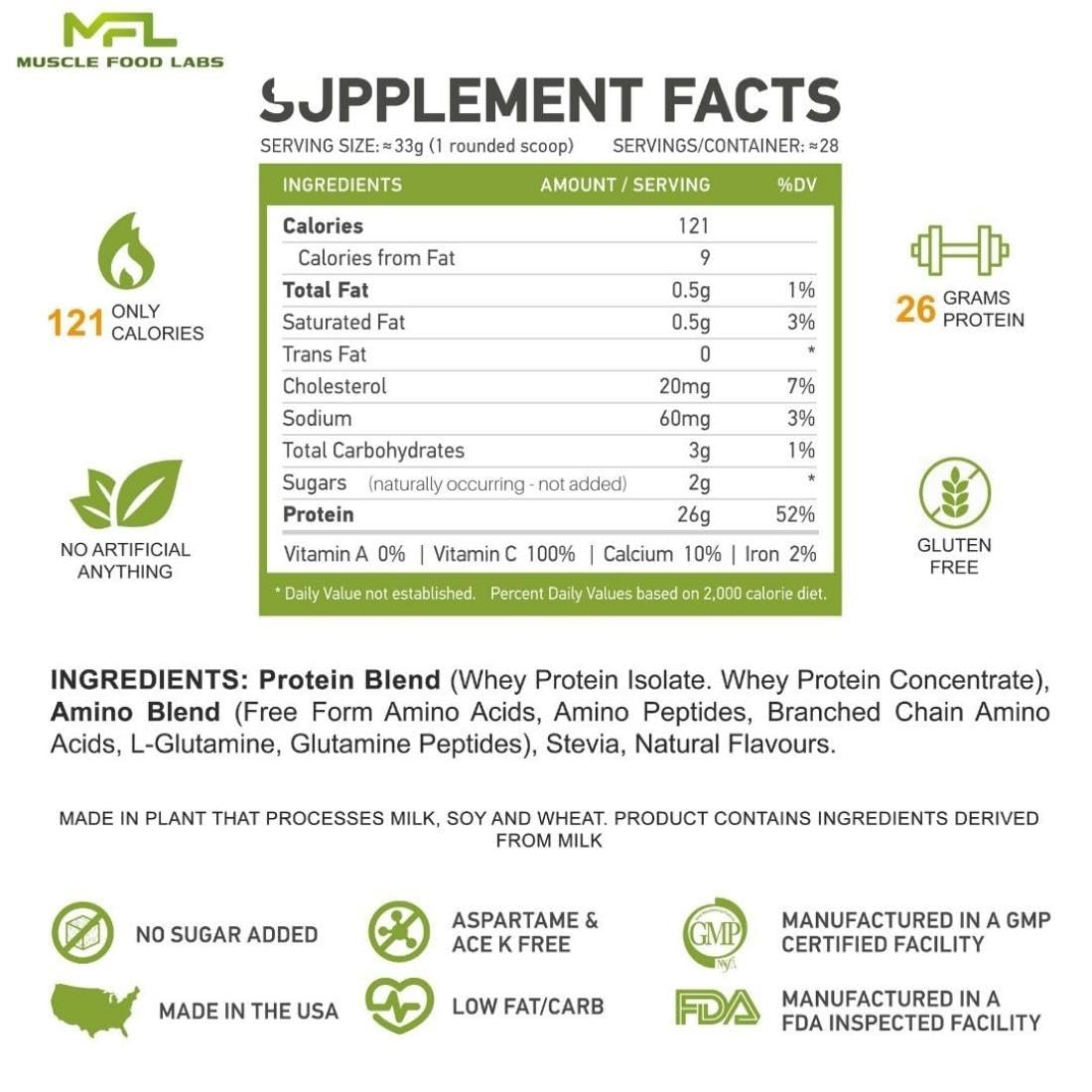 MFL Muscle Whey Protein l 28g of Protein l 8g BCAAs l Keto Friendly l Low Carbs l 2 lbs (Vanilla Bean)