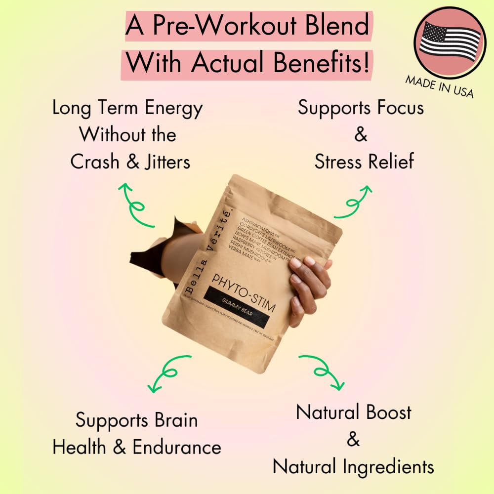 Bella Vérité Phyto Stim - Natural Sports Nutrition Pre Workout Powder - Endurance & Energy Powder with Yerba Mate, Ashwagandha, & Mushroom + 100mg Caffeine - Gummy Bear Flavor (30 Servings)