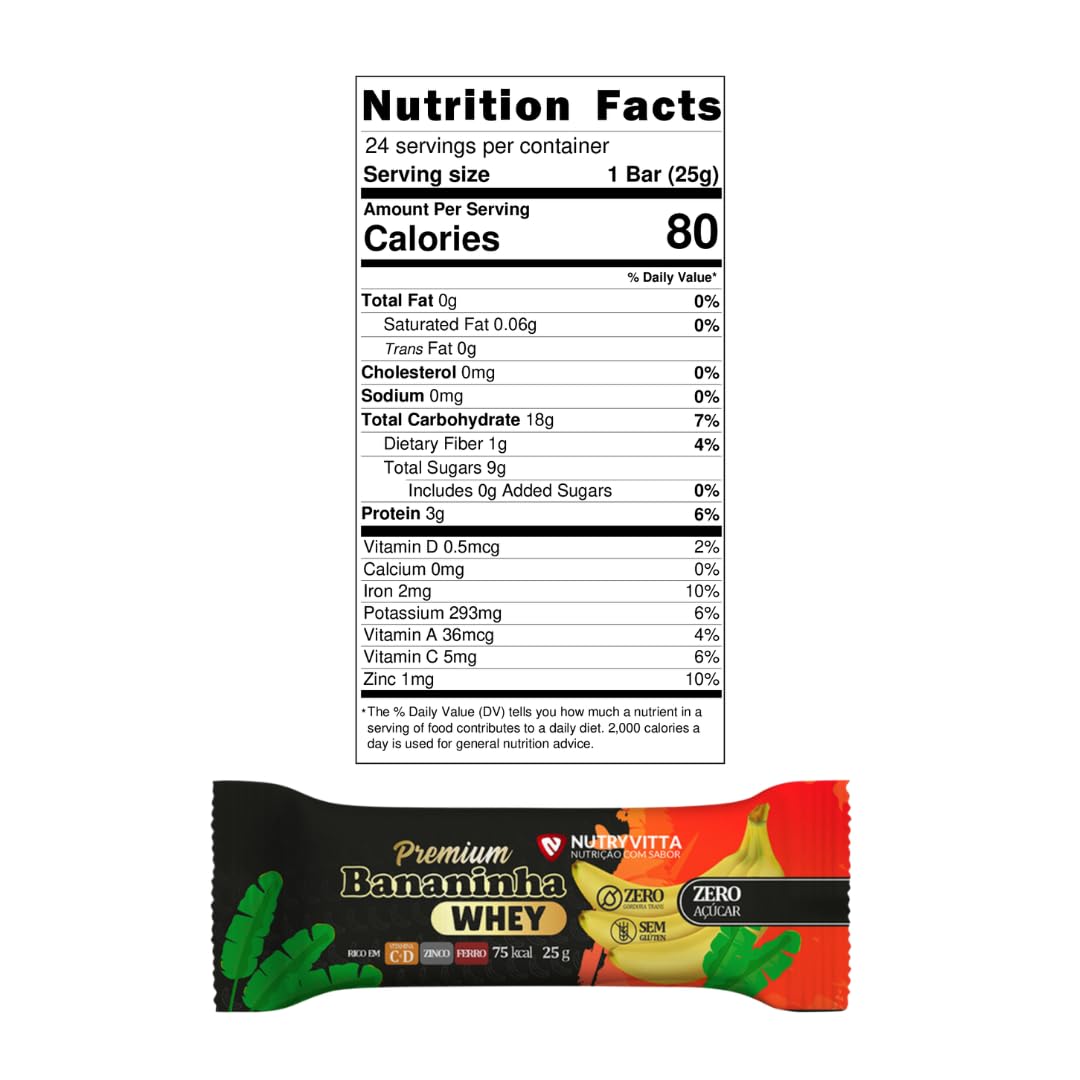 NutryVitta Banana Bar Protein - No Sugar Added, Healthy Snack, Gluten-Free, 0.88 OZ Bar, 24 Count