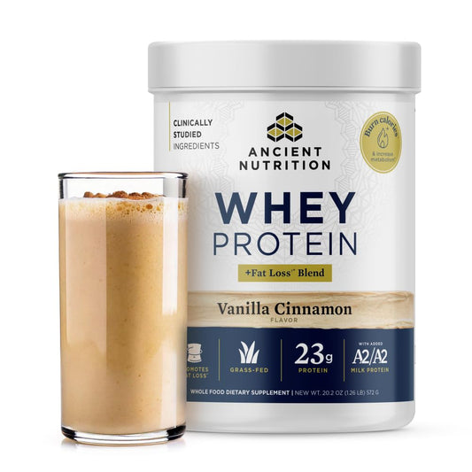 Ancient Nutrition Grass Fed Whey Protein + Fat Loss Blend, Vanilla Cinnamon, 23g Protein, Promotes Fat Loss and Boost Metabolism, Organic Regenerative A2/A2 Milk Protein,18 Servings