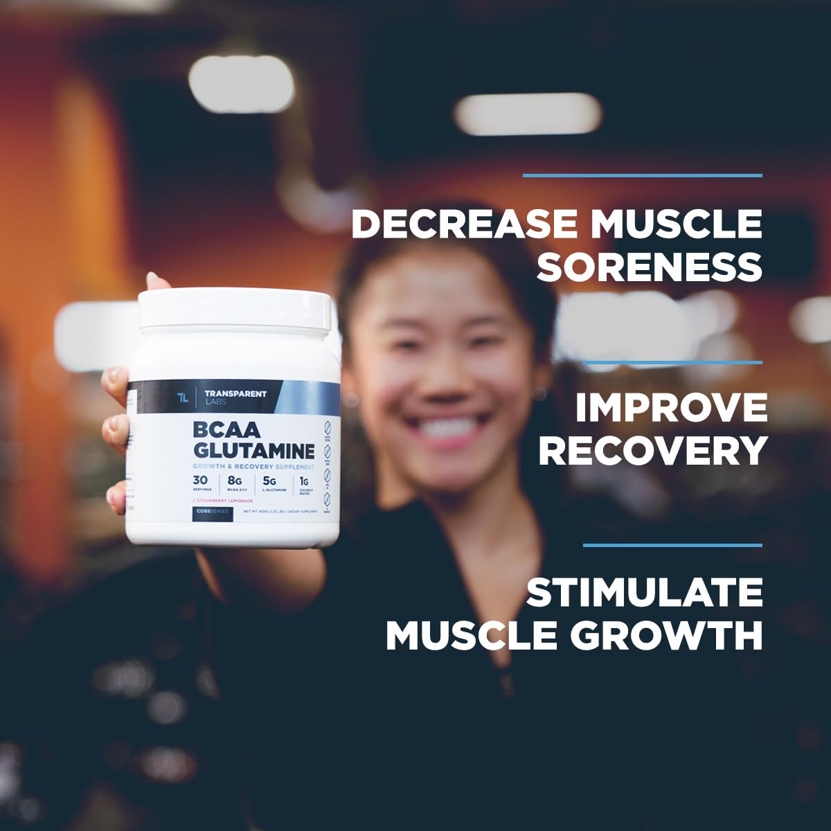 Transparent Labs BCAA Glutamine - 8000 Mg of BCAA Powder with L Glutamine for Post Workout Recovery, Muscle Growth, & Increased Endurance - 30 Servings, Strawberry Lemonade