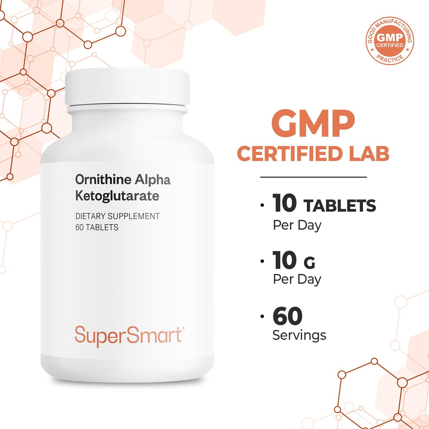 SuperSmart - Ornithine Alpha Ketoglutarate OKG 10g per Day (Highly Bioavailable) - Easy-to-Take & Potent L-Ornithine Supplement - Amino Acid | Non-GMO & Gluten Free - 60 Tablets