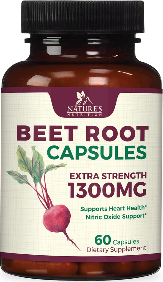 Beetroot Supplement - 1300mg Extra Strength Red Beet Root Powder Supports Nitric Oxide Production & Natural Energy - Vegan Herbal Pills Support Heart Health, GMO & Gluten Free - 60 Capsules