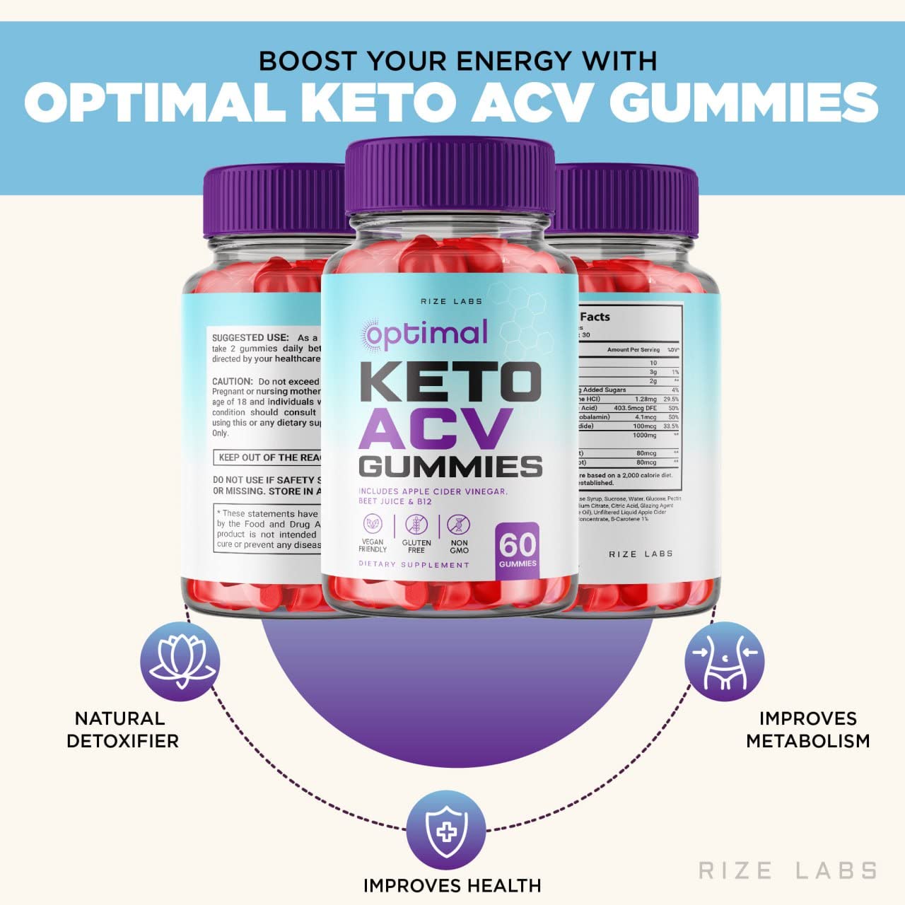 rize labs - Optimal Keto ACV Gummies with Apple Cider Vinegar, Advanced Weight Loss Formula, Gluten Free and Non-GMO Supplement, Helps in Reducing Belly Fat (180 Gummies)