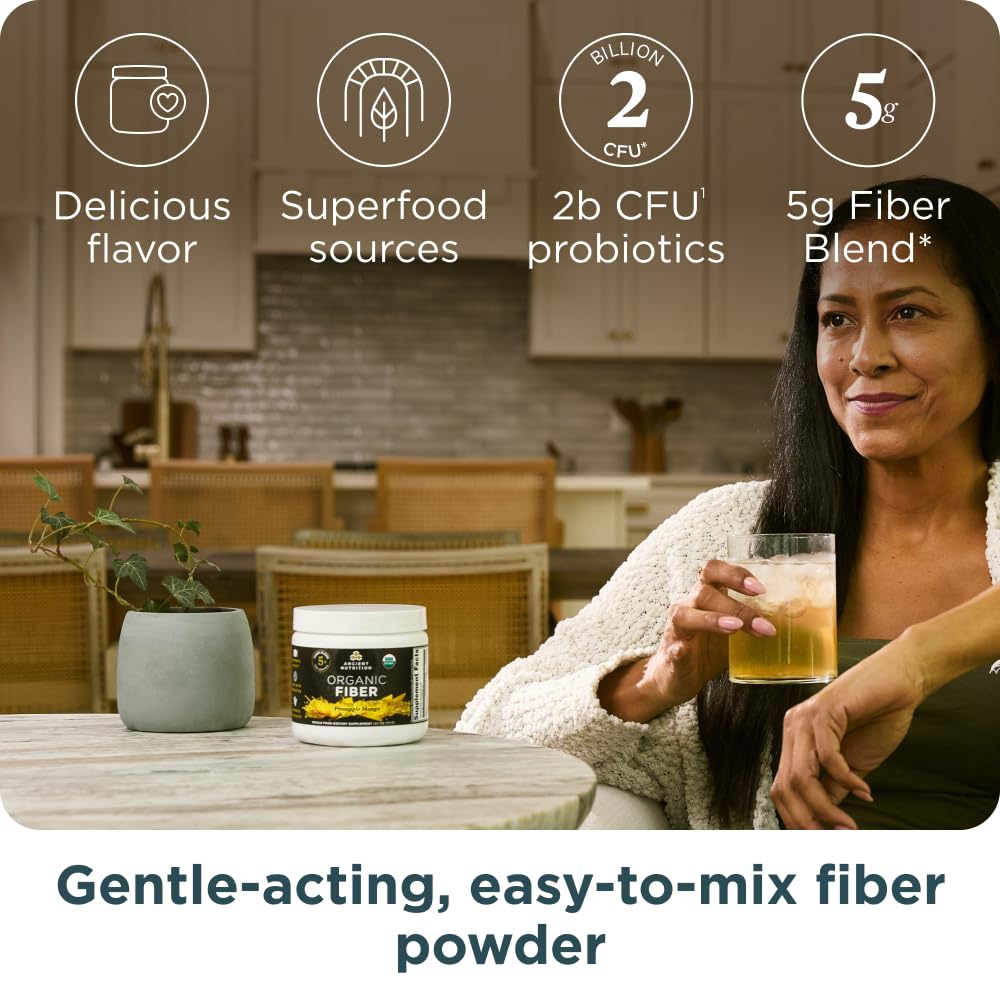 Ancient Nutrition Organic Fiber Powder, Pineapple Mango, Soluble Fiber from Acacia & Konjac Root, Supports Digestive Health, Reduces Bloating, 6.4 oz