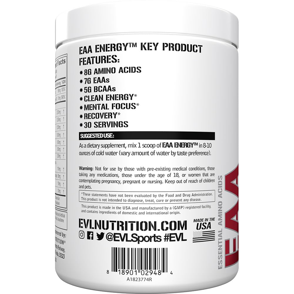 Evlution Nutrition EAA Energy - Pre & Post Workout Powder - Muscle Building & Recovery Supplement - 7g Essential Amino Acids + 5g BCAAs - Clean Energy - With Caffeine - 30 Servings - Watermelon Splash