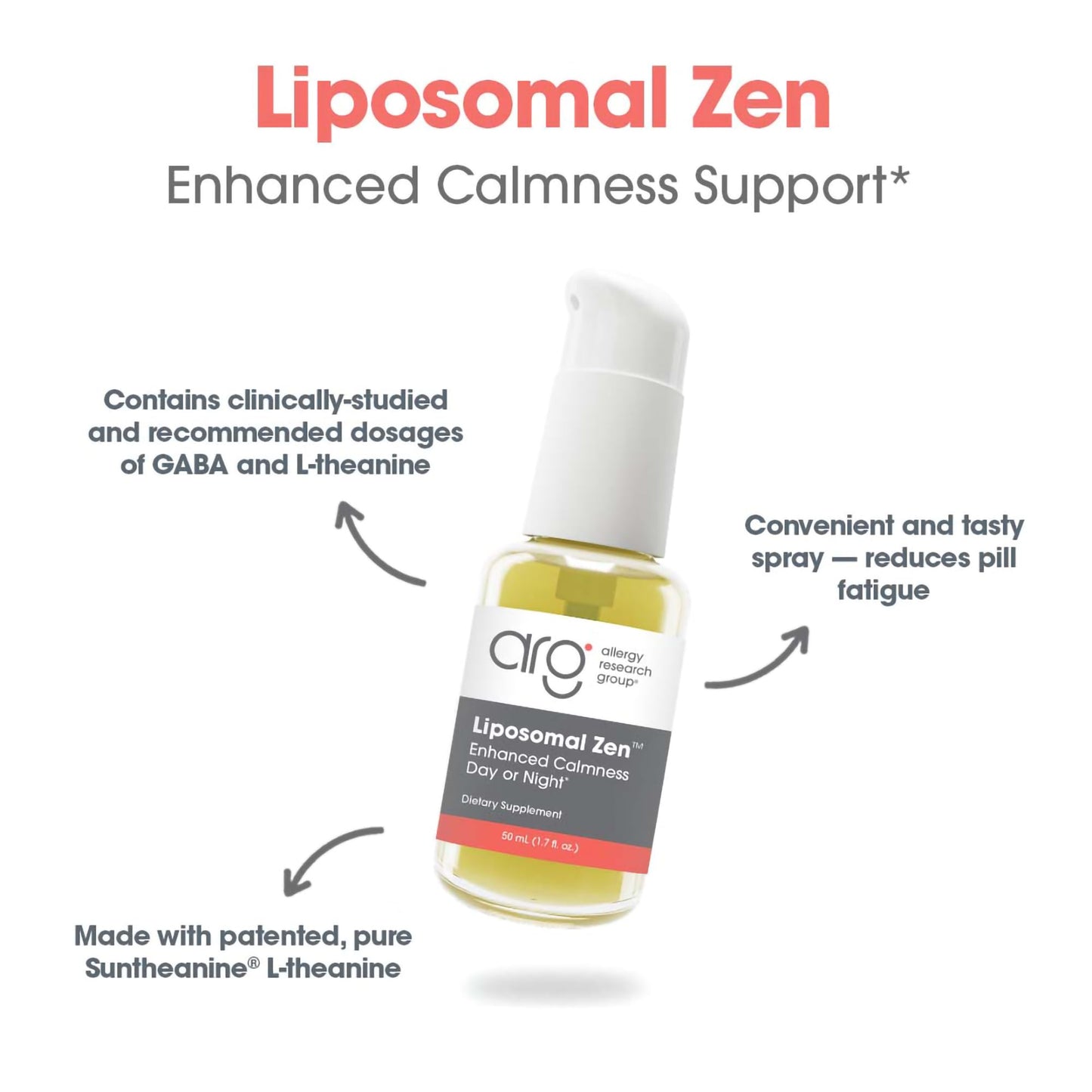 Allergy Research Group Liposomal Zen - L-Theanine Liquid Supplement, GABA Calming Support, Sleep Liposomal, Day or Night, Sunflower Phospholipids, Fast-Acting Zen Formula - 1.7 Fl Oz