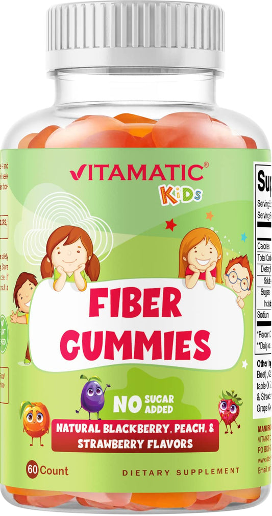 Vitamatic Kids Prebiotic Fiber Gummies - 4G Fiber Extra Strength - Zero Sugar Added - 60 Pectin Based Gummies - Digestive Health & Regularity Support