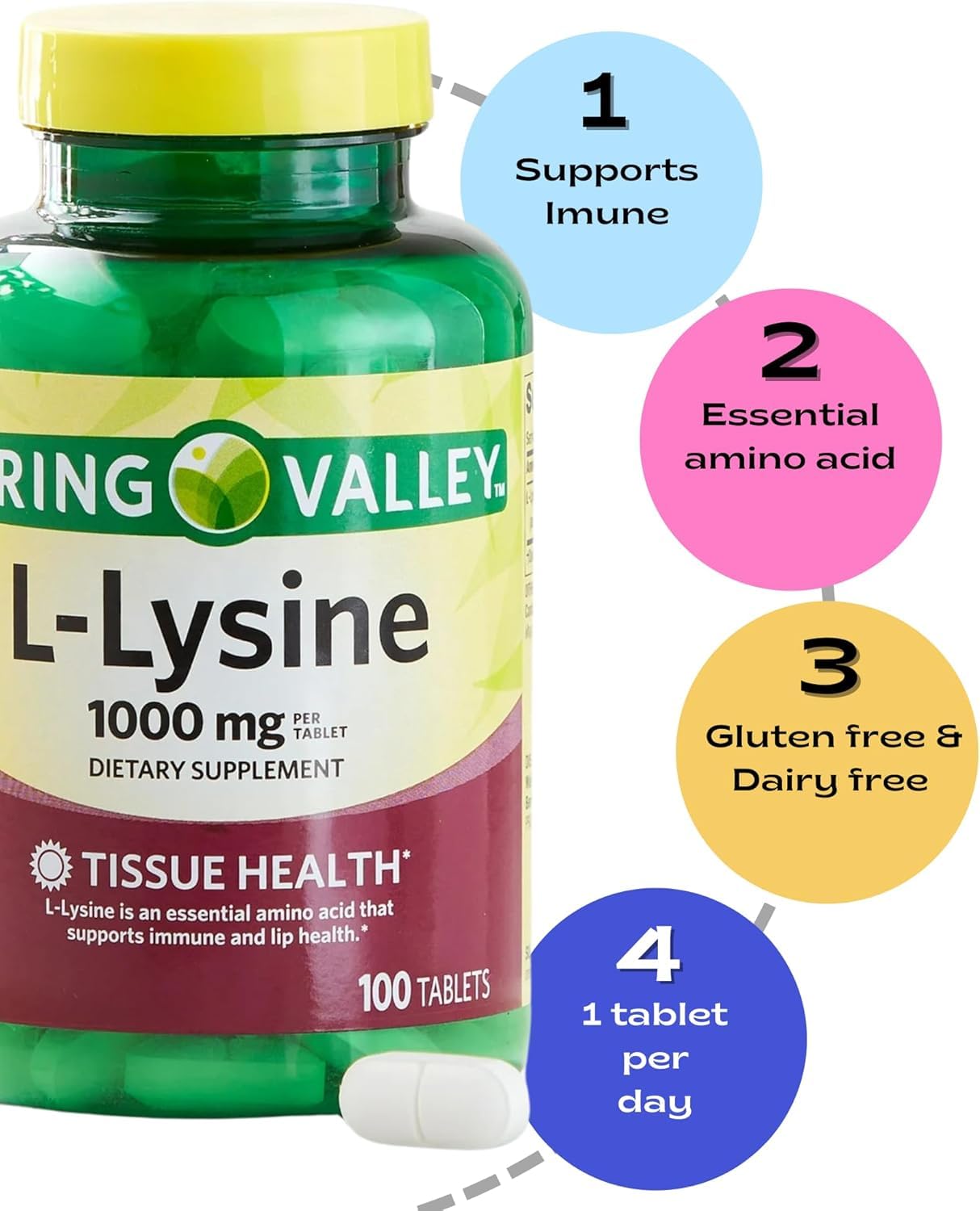 L Lysine 1000mg Tablets, 100 Count, Super Lysine Immune Support & Healthy Skin* by Spring Valley (Pack of 1)_+Sticker