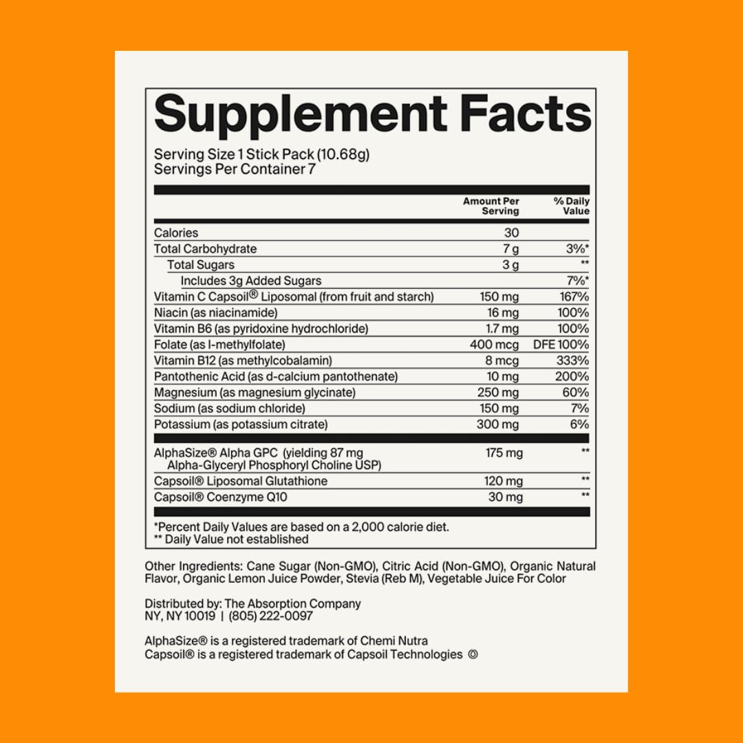 Electrolyte Powder Packets - Workout Recovery & Hydration Drink Mix with Liposomal Glutathione, Vitamin C & Methylated B Vitamins - Mango Lemonade (7 Sticks)