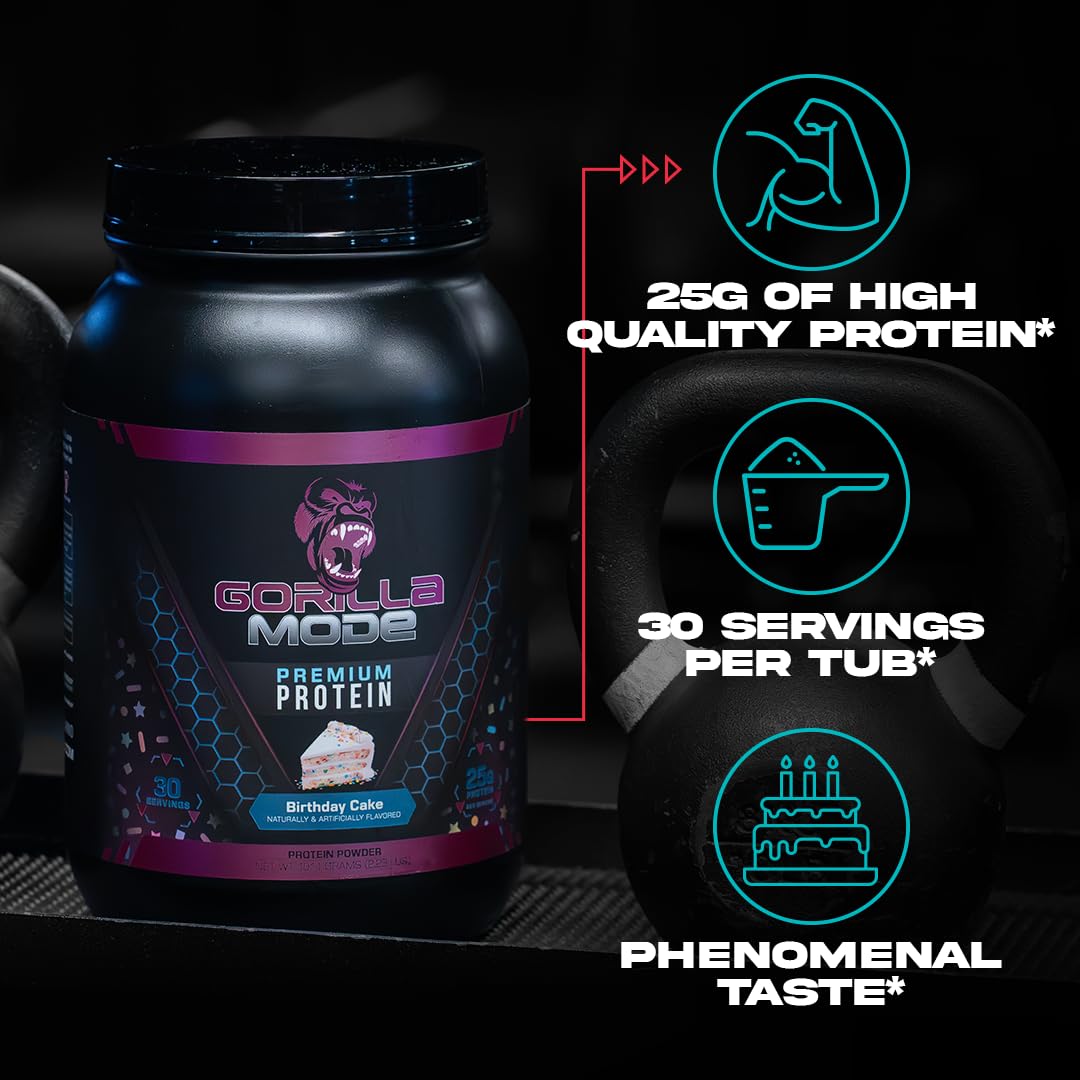 Gorilla Mind Premium Whey Protein - Birthday Cake, 25 Grams of Whey Protein Isolate & Concentrate,Recover and Build Muscle (30 Servings)