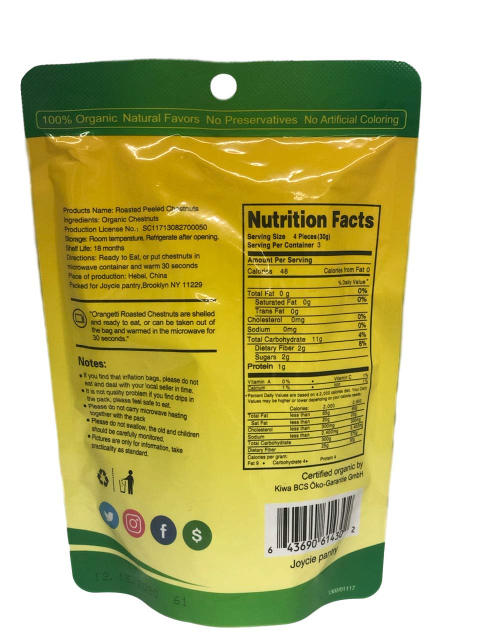 Joycie Organic Whole Roasted and Peeled Chestnuts 35Ounce Bags Pack of 6