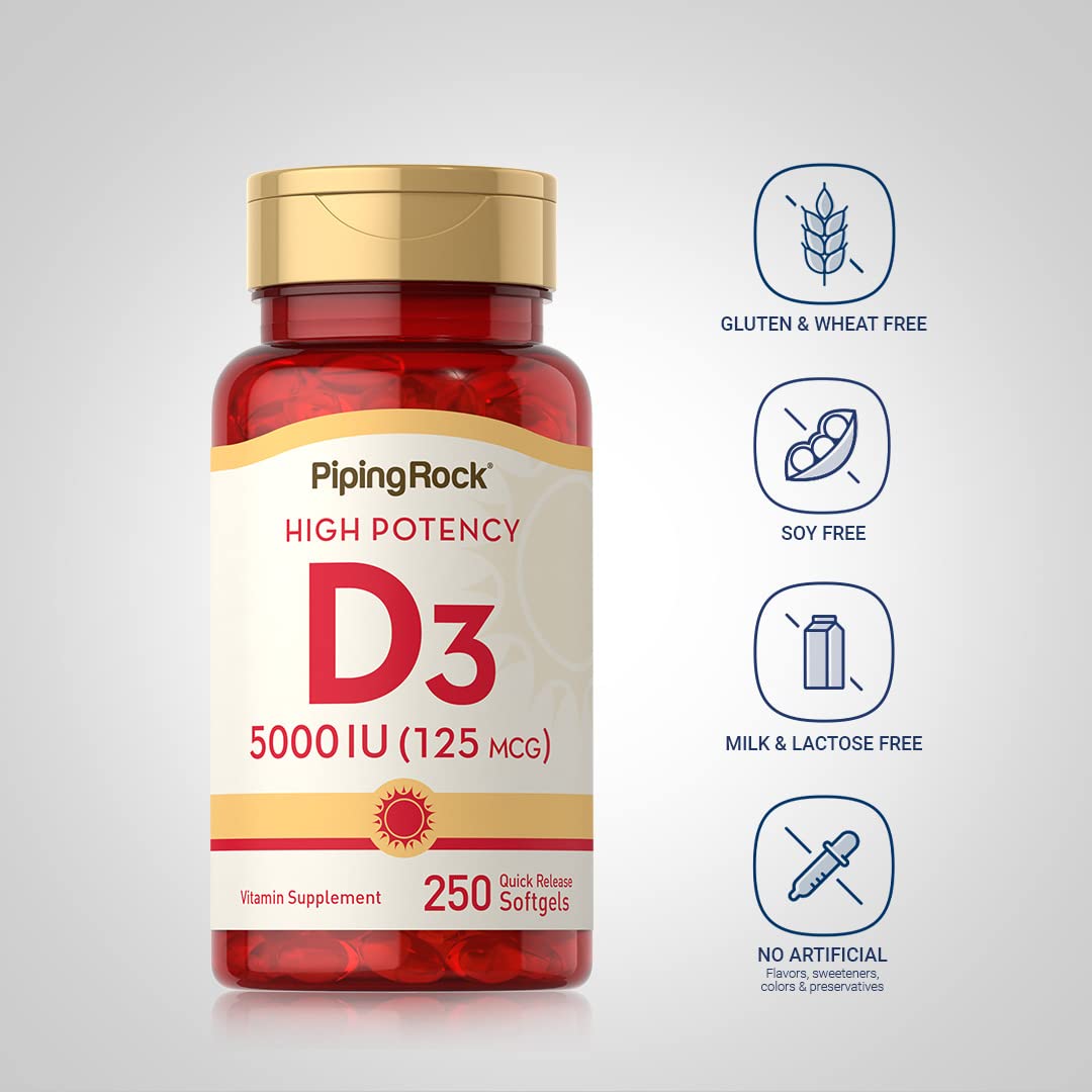 Piping Rock Vitamin D3 5000 IU | 250 Softgels | High Potency Supplement | Non-GMO, Gluten Free