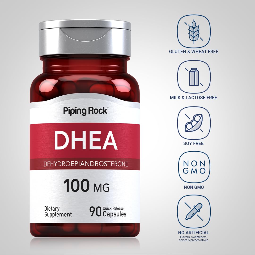 Piping Rock DHEA for Women and Men 100mg | 90 Capsules | Dehydroepiandrosterone Supplement | Non-GMO, Gluten Free