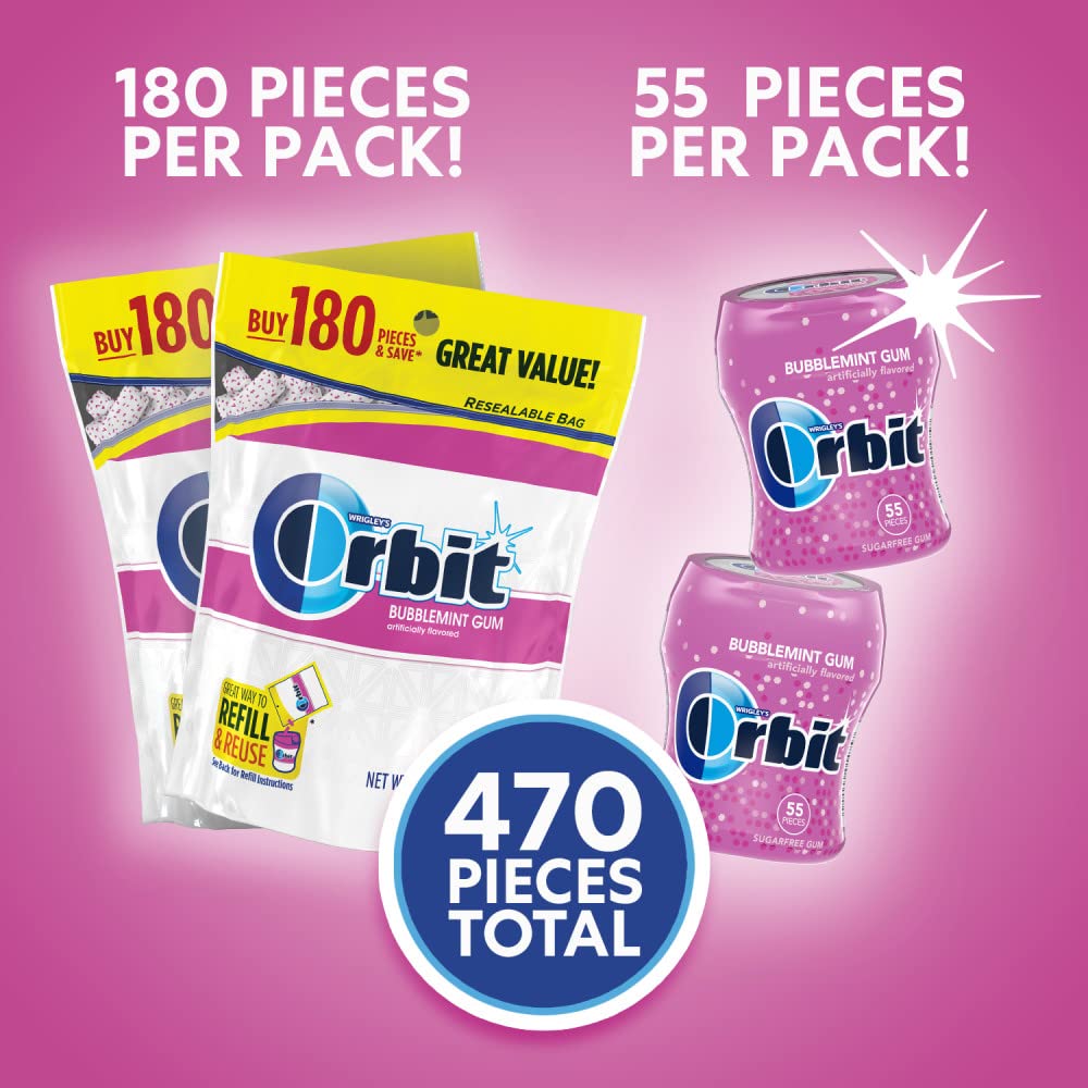 ORBIT Bubblemint Sugar Free Chewing Gum Bulk Pack 2 Pack  180 Piece Bag  2 Pack  55 Piece Bottle