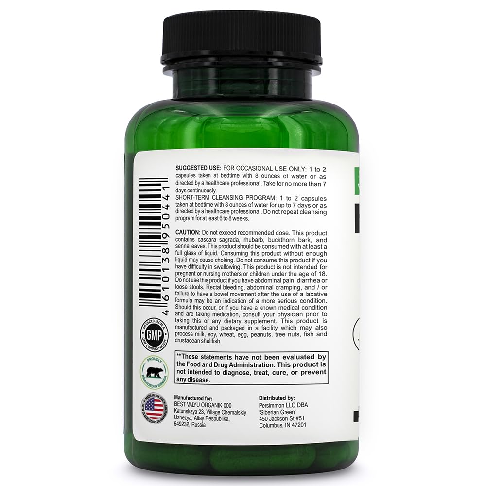 Siberian Green Herbal Colon Detox with Senna Buckthorn Prune Fruit 90 Capsules - Traditional Siberian Formula 14 Herbs & Probiotic to Cleanse Colon and Detox Body