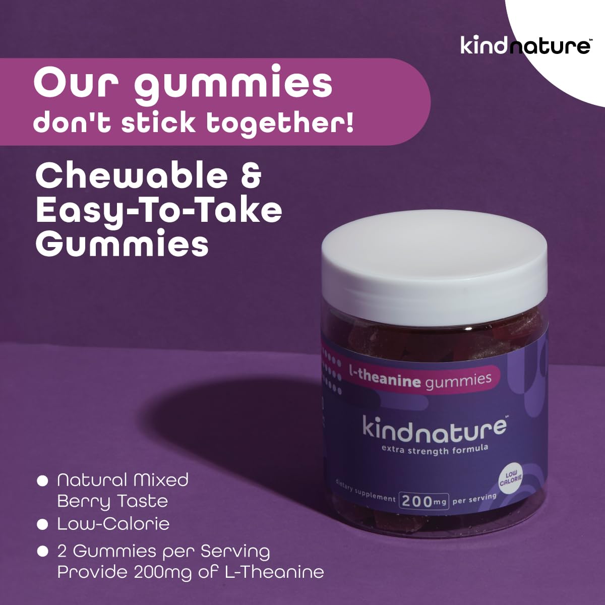 Kind Nature L-Theanine Gummies 200mg - Vegan Relaxation & Focus Supplement for Adults & Kids Ages 4+ - Low Calorie Stress Relief Gummies for Calm, Clarity & Anxiety Support - Mixed Berry Chewable