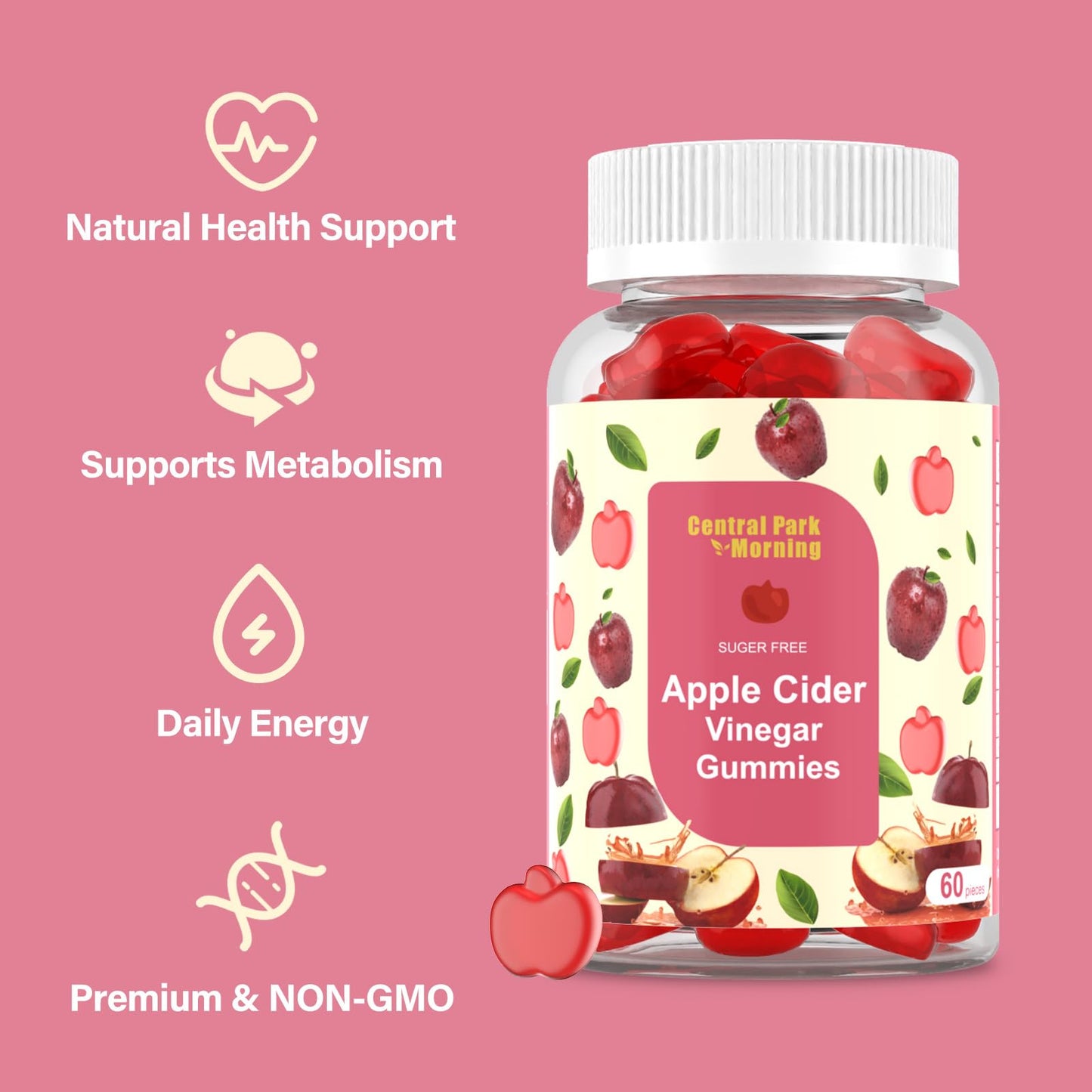 Central Park Morning Apple Cider Vinegar Gummies 1000mg,ACV Supplement for Detox & Cleanse,Suger Free and Non-GMO - 60 Gummies