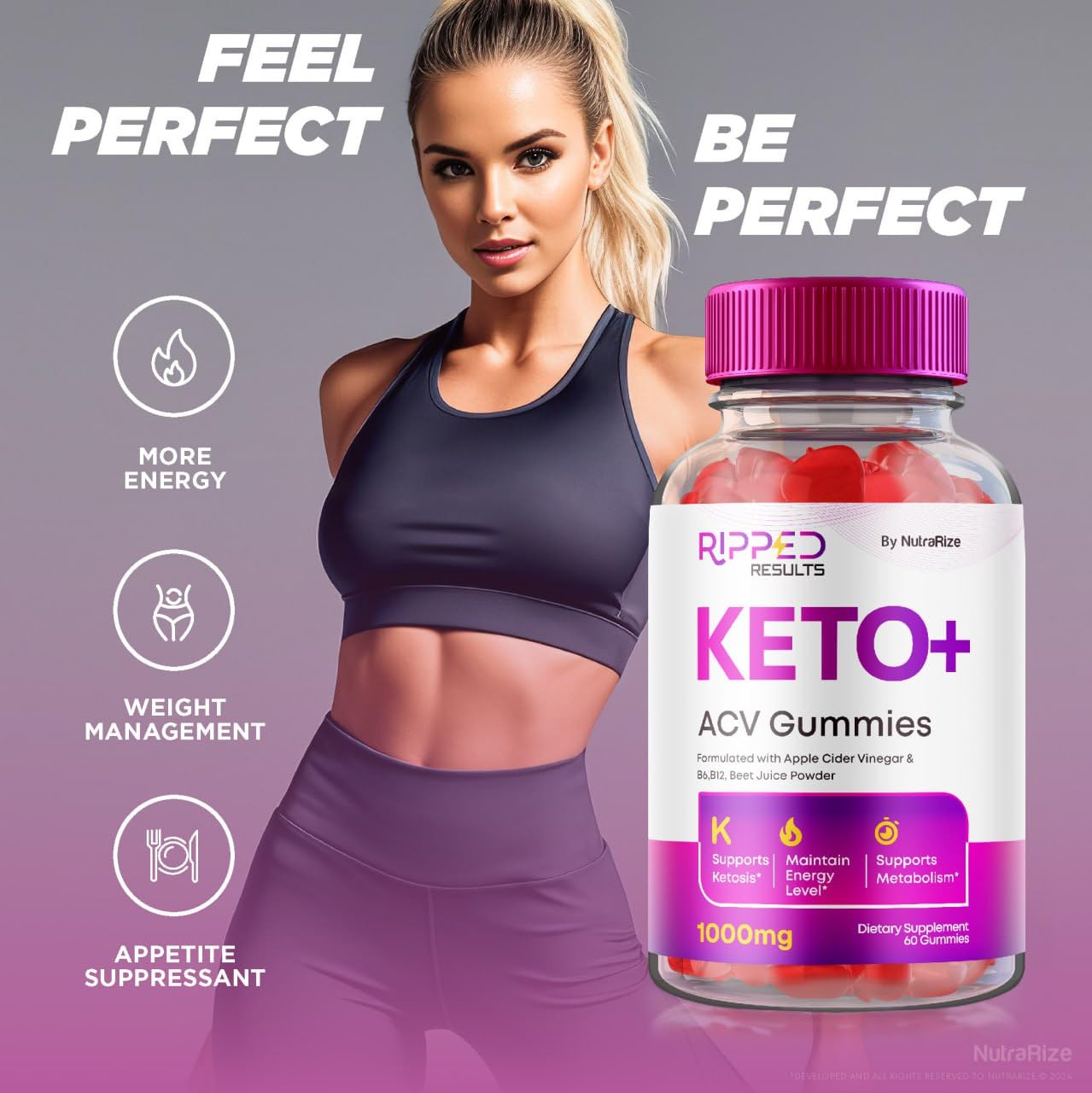 NutraRize Ripped Results Keto + ACV Gummies Advanced Weight Loss, Formulated with Apple Cider Vinegar, B6 & B12, Reviews (60 Gummies)