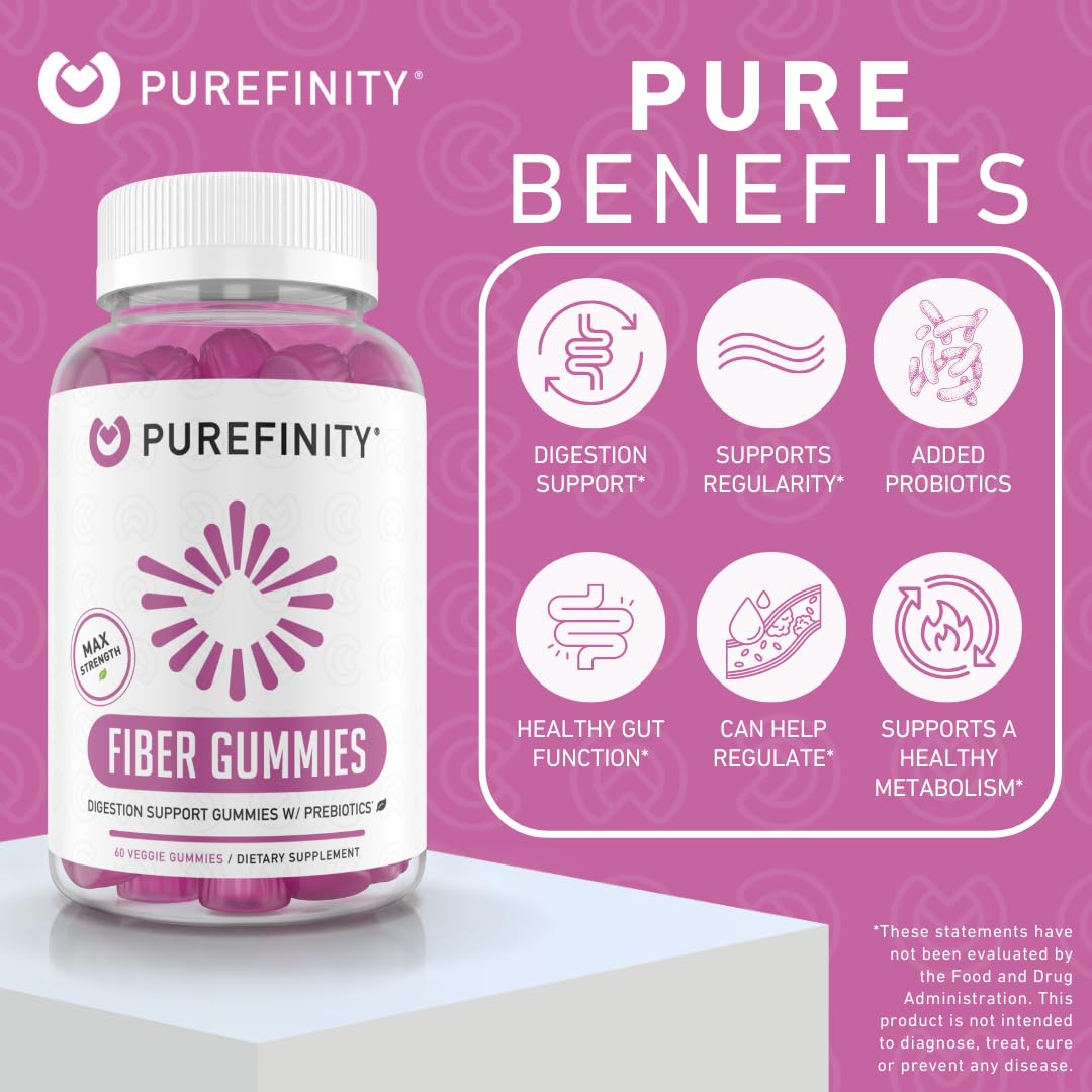 PUREFINITY Fiber Gummies for Adults with Inulin FOS from Chicory Root, Sugar Free Prebiotic Supplement for Daily Digestion & Constipation Support - Non-GMO, Vegan, 60 Count