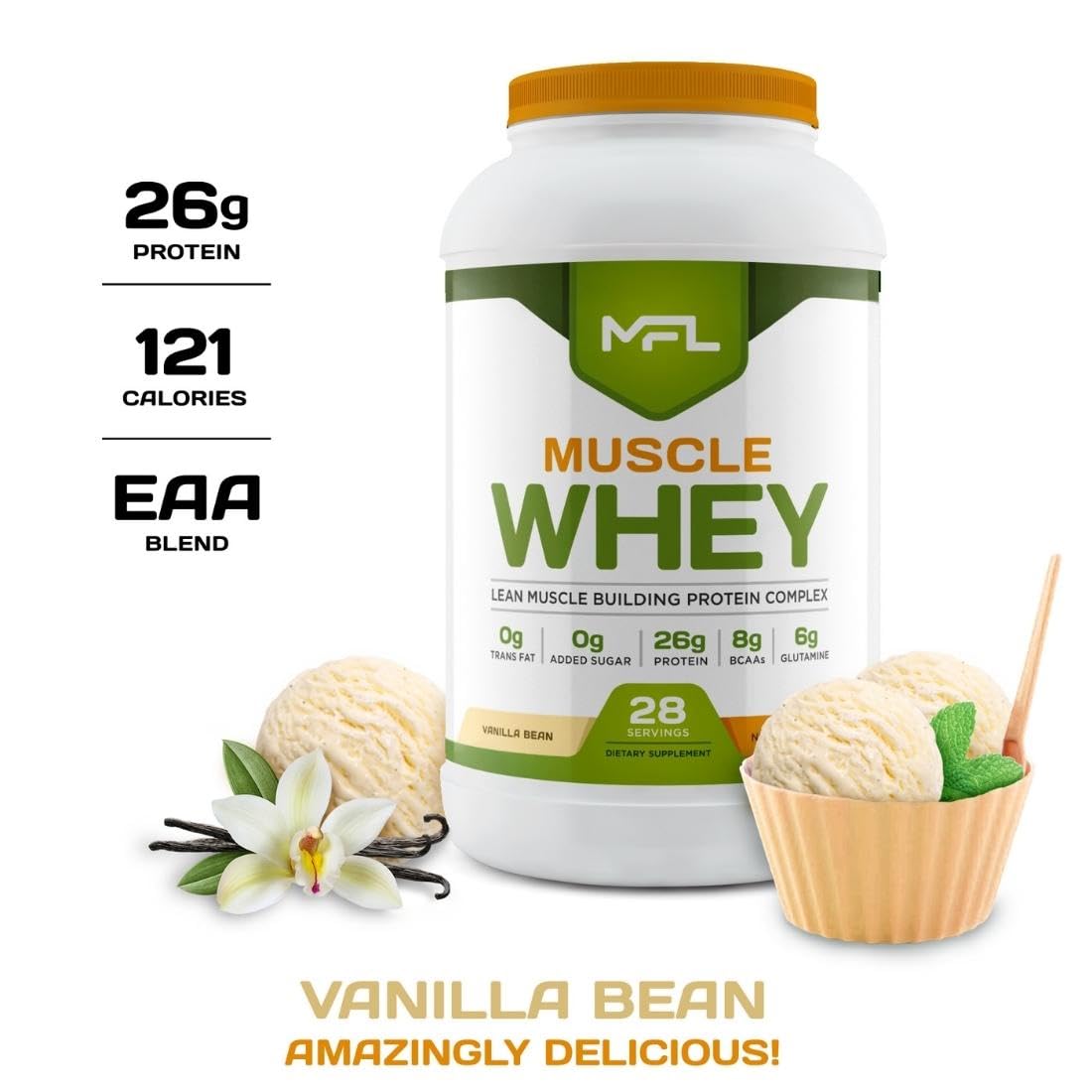 MFL Muscle Whey Protein l 28g of Protein l 8g BCAAs l Keto Friendly l Low Carbs l 2 lbs (Vanilla Bean)