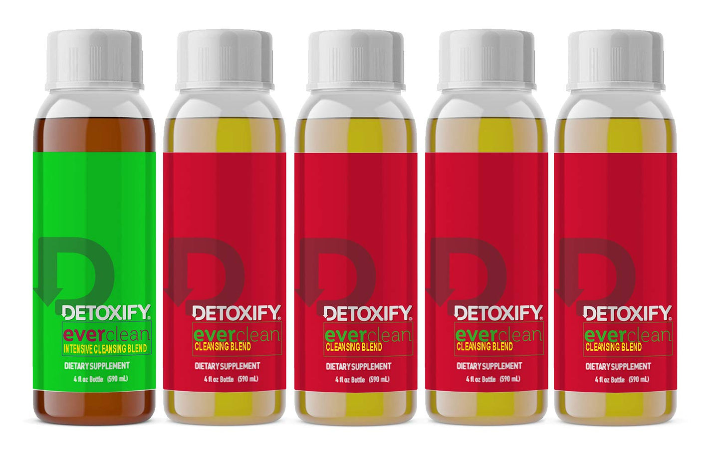 Detoxify - Ever Clean Cleansing Program - Honey Tea - 5 x 4 oz Bottles - 5-Day Solution - Green Tea, Vitamins & Minerals - Plus Sticker and Bag